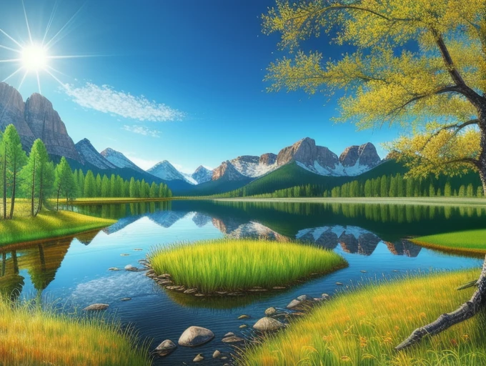 Beautiful trees on a green field, rocky