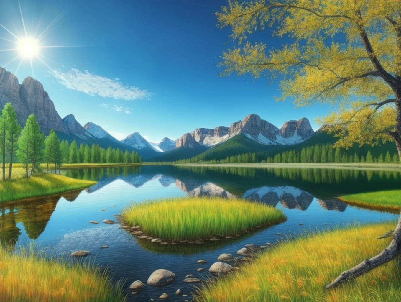 Beautiful trees on a green field, rocky