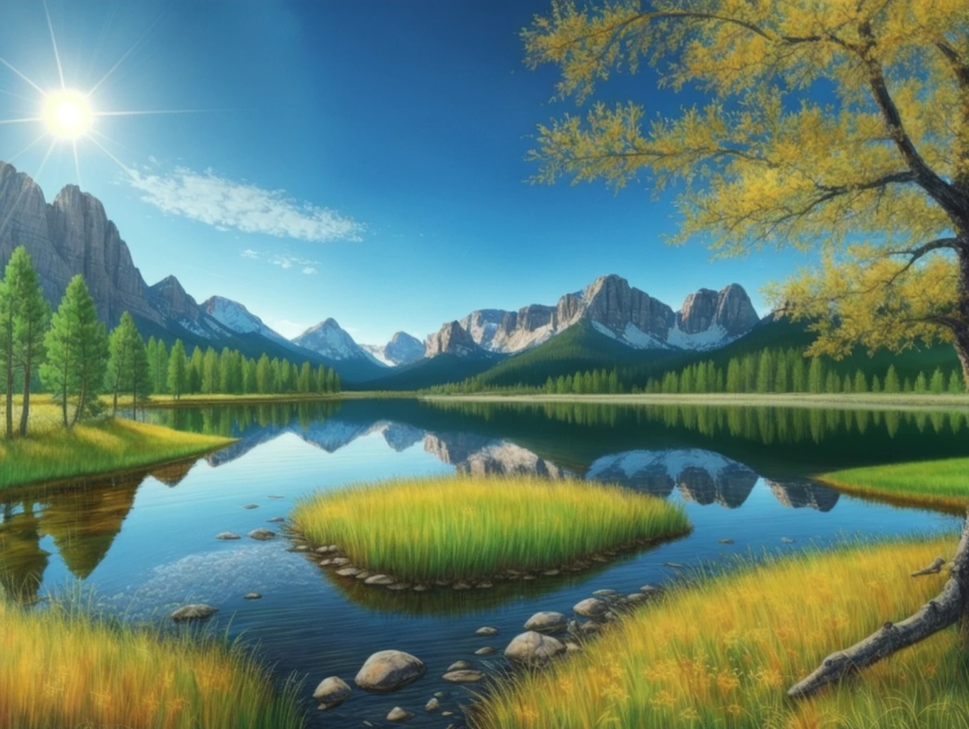 Beautiful trees on a green field, rocky