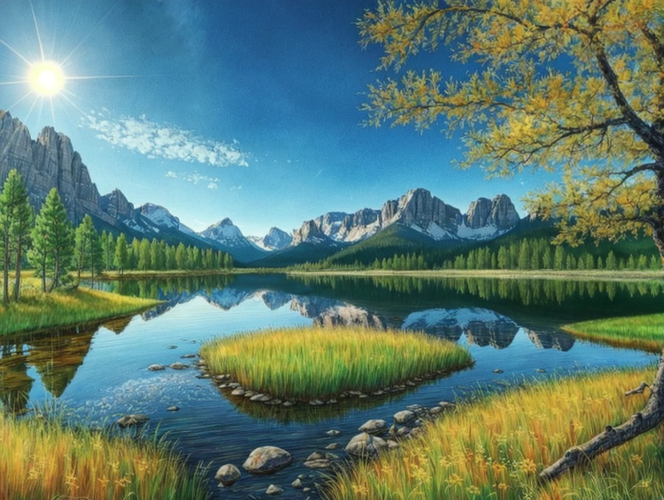 Beautiful trees on a green field, rocky