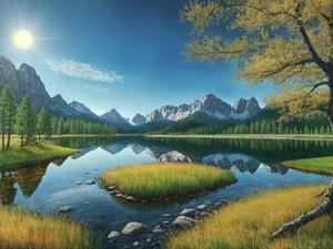 Beautiful trees on a green field, rocky