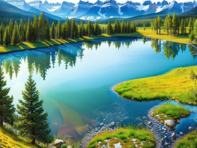 Beautiful trees on a green field, rocky