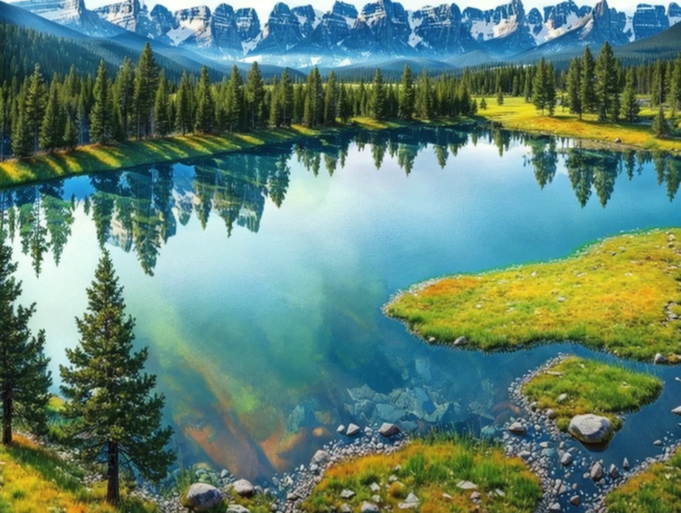Beautiful trees on a green field, rocky