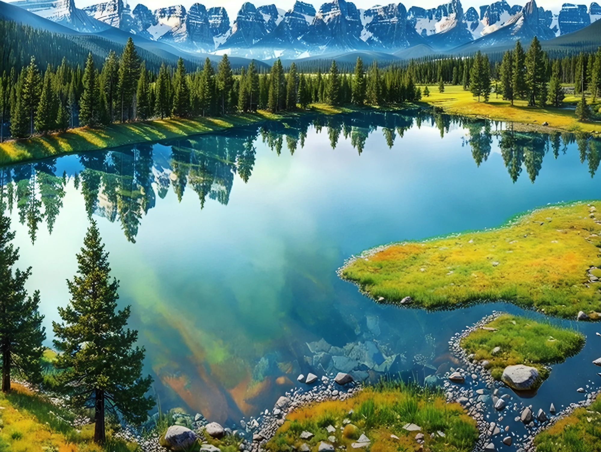 Beautiful trees on a green field, rocky