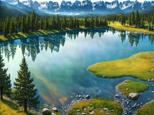 Beautiful trees on a green field, rocky