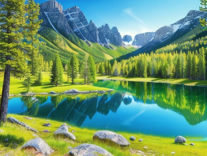 Beautiful trees on a green field, rocky