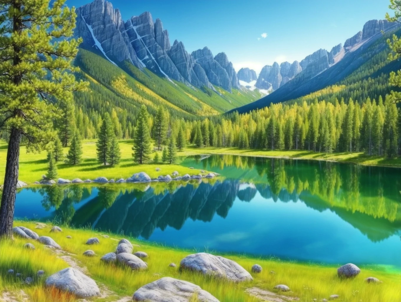 Beautiful trees on a green field, rocky