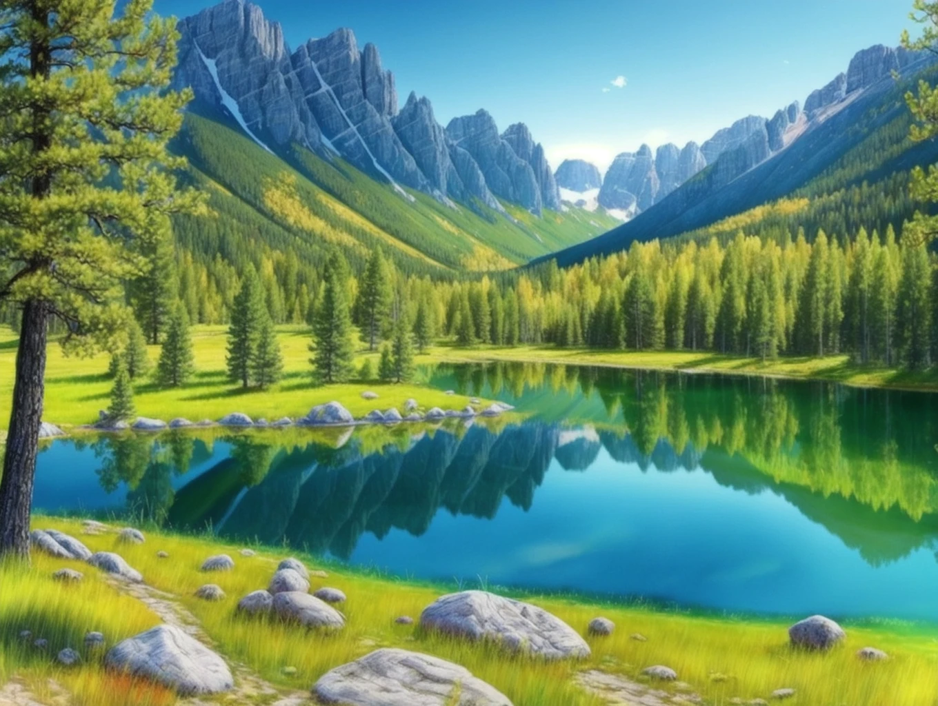 Beautiful trees on a green field, rocky