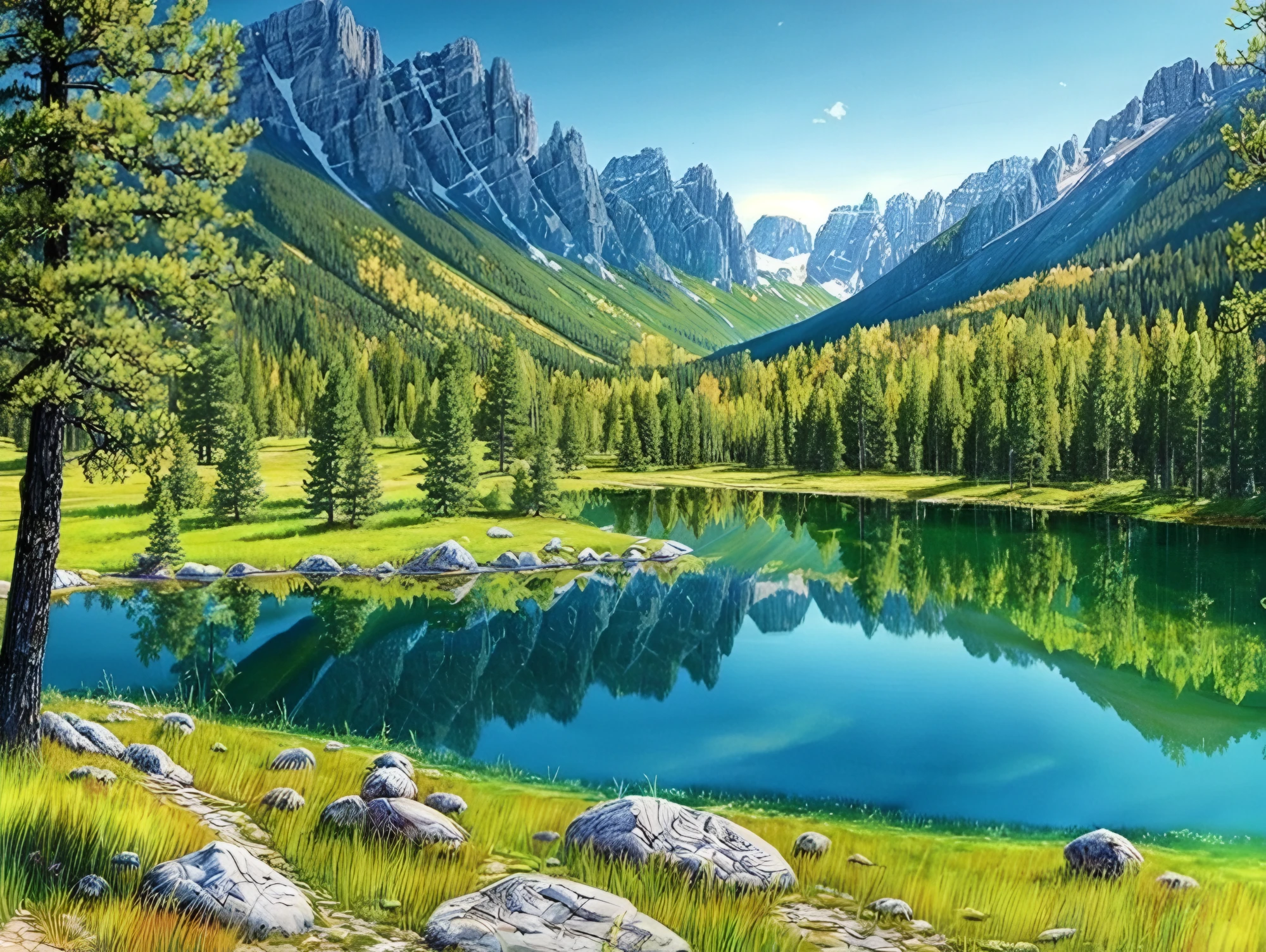 Beautiful trees on a green field, rocky