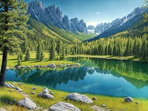 Beautiful trees on a green field, rocky