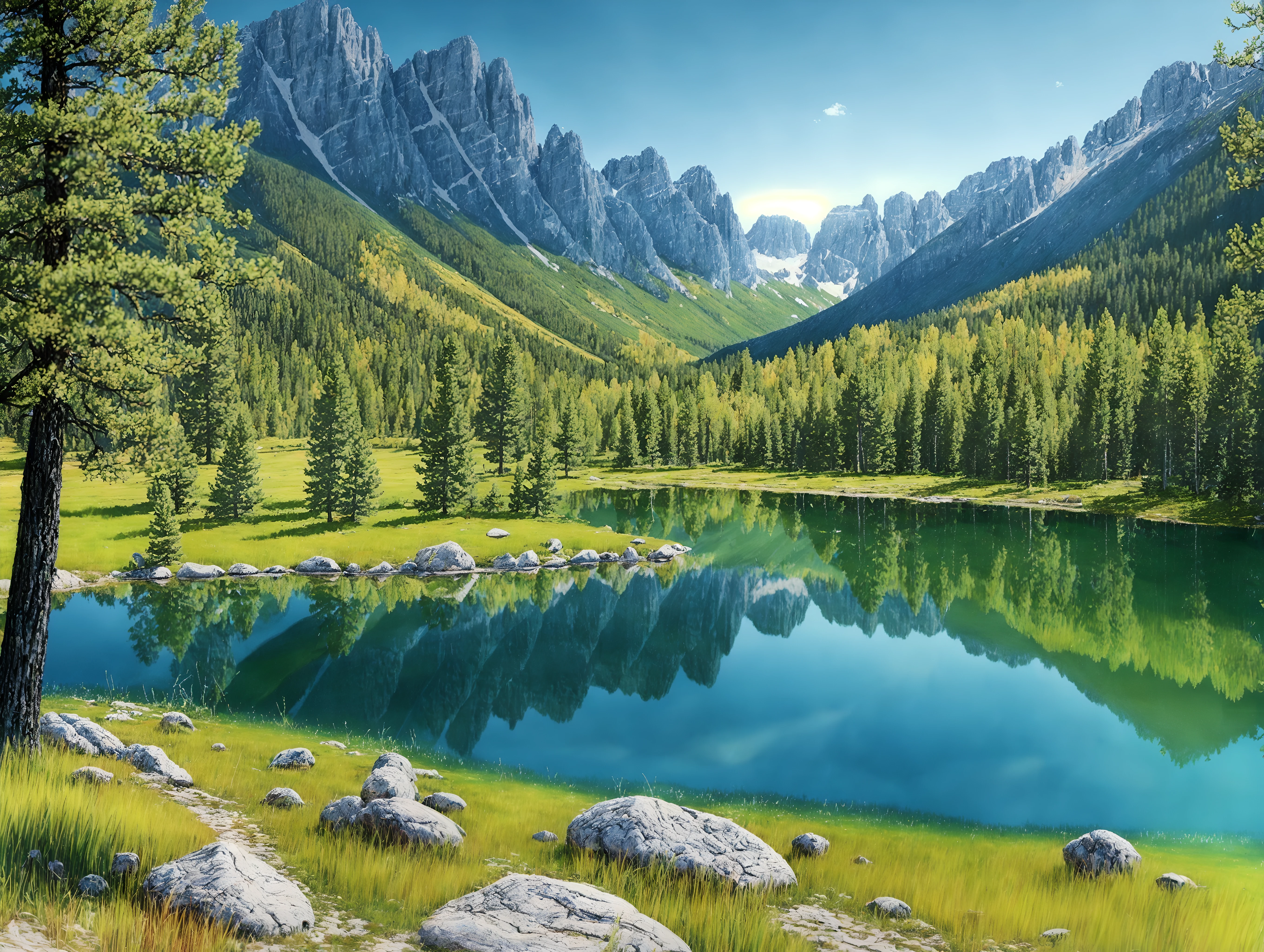 Beautiful trees on a green field, rocky