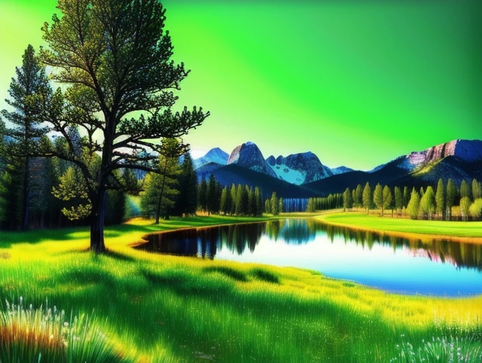 Beautiful trees on a green field, rocky