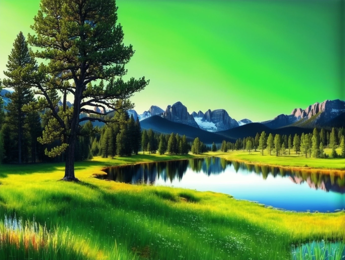 Beautiful trees on a green field, rocky