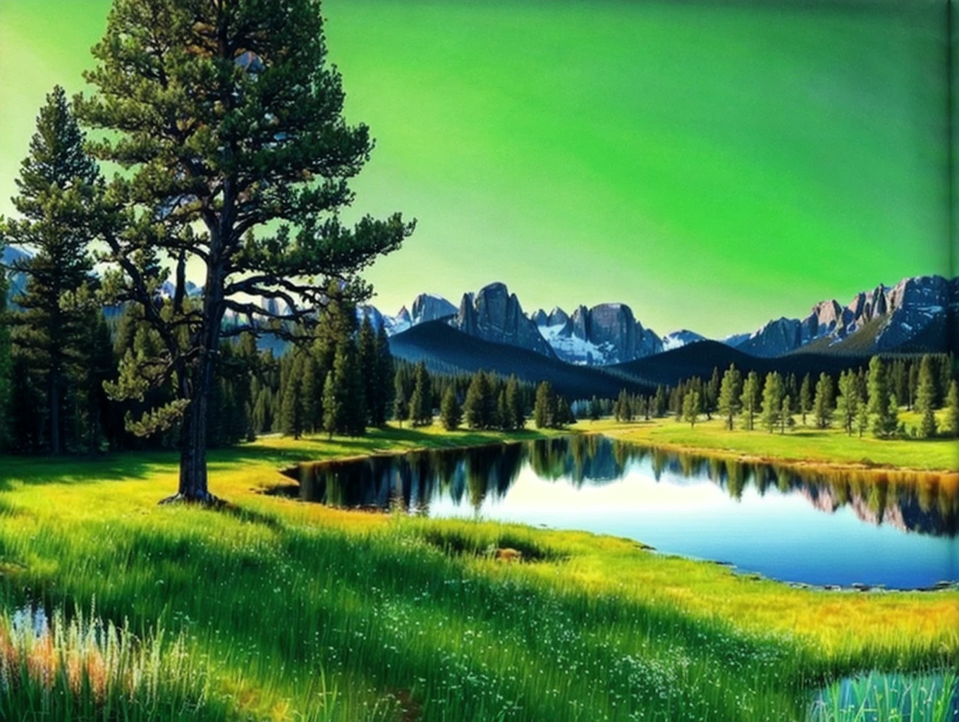 Beautiful trees on a green field, rocky