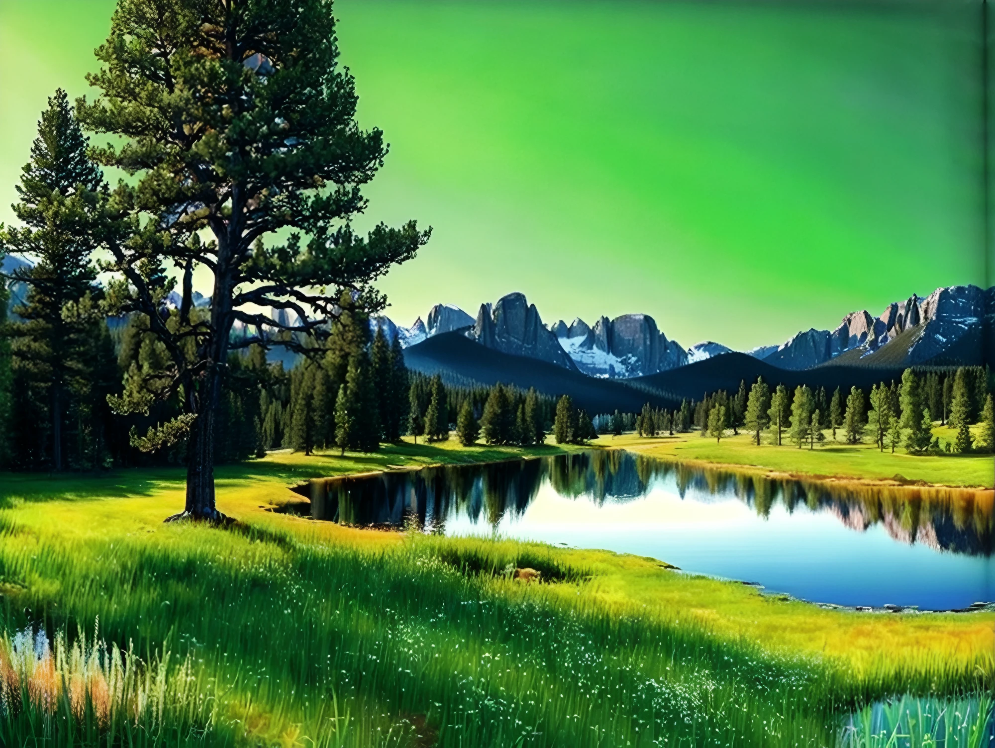 Beautiful trees on a green field, rocky