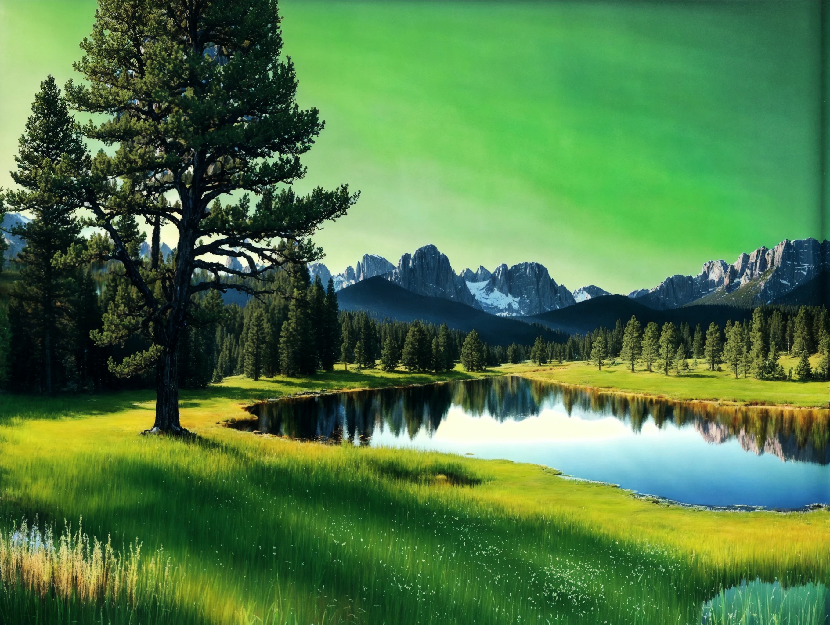 Beautiful trees on a green field, rocky