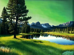 Beautiful trees on a green field, rocky