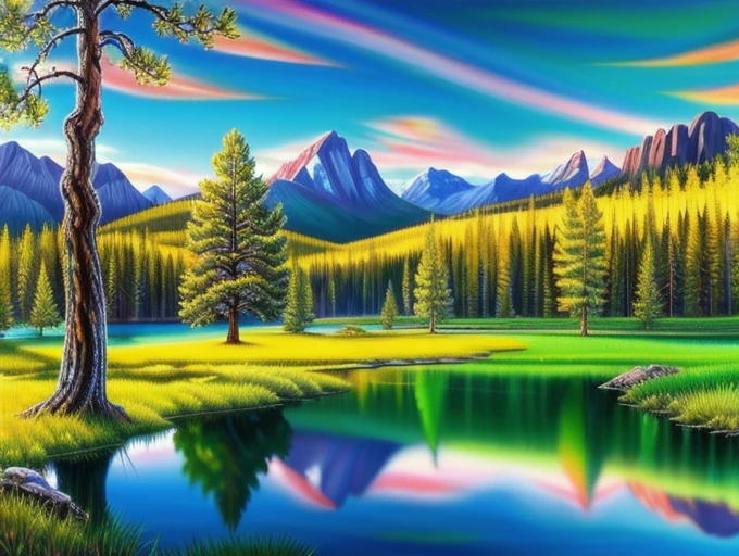 Beautiful trees on a green field, rocky