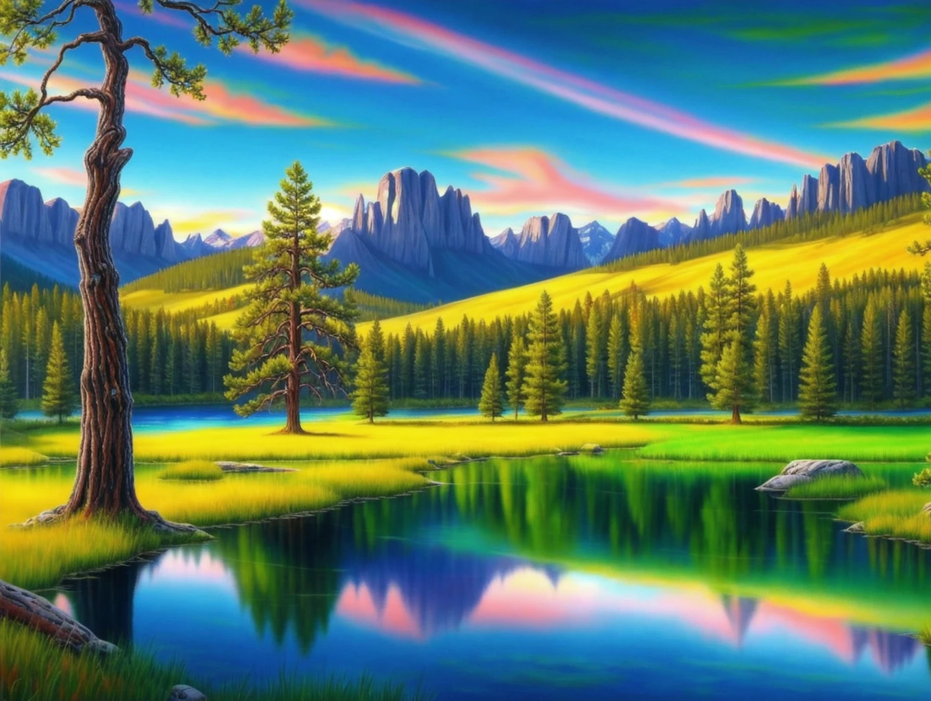 Beautiful trees on a green field, rocky