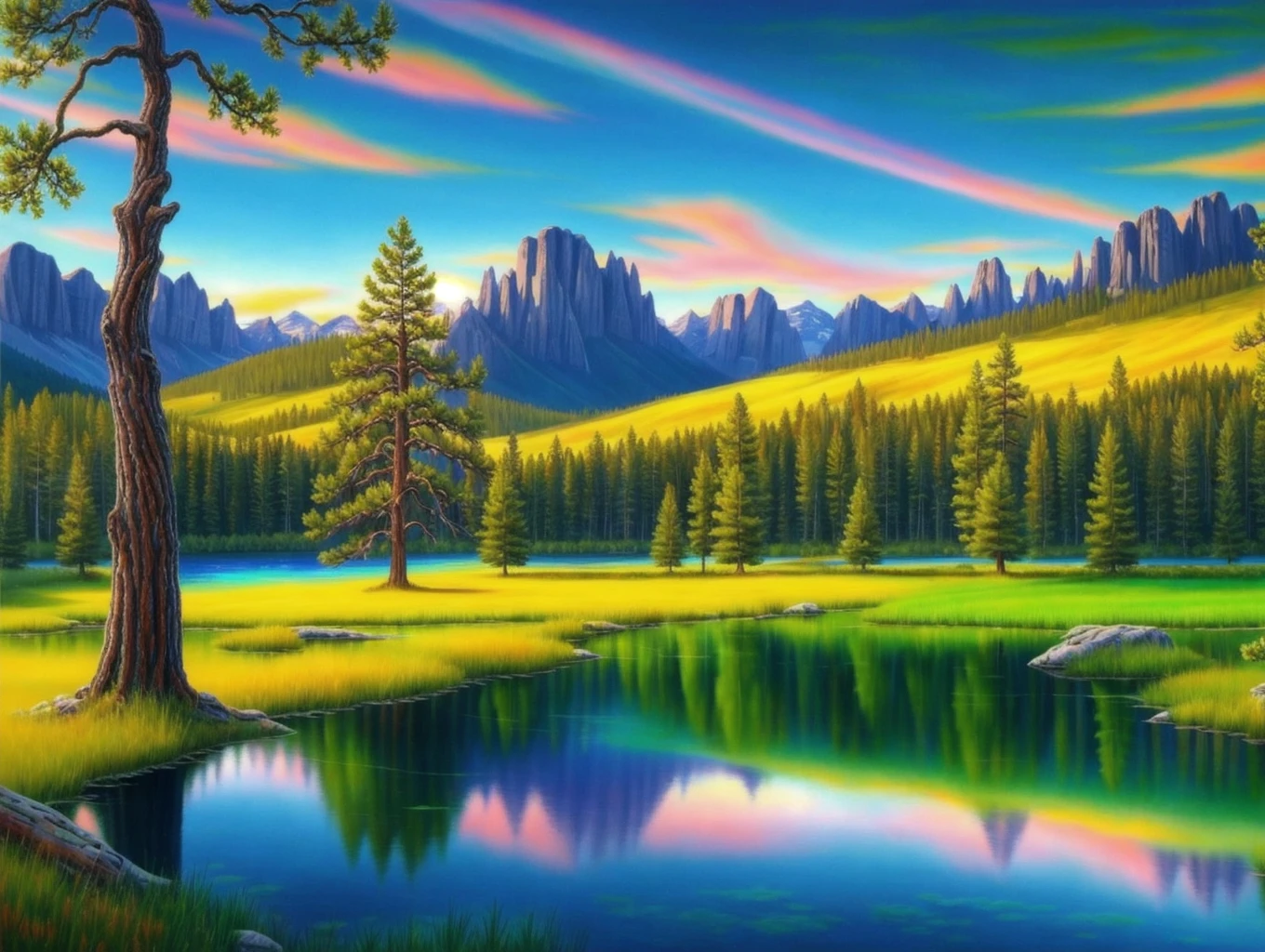 Beautiful trees on a green field, rocky