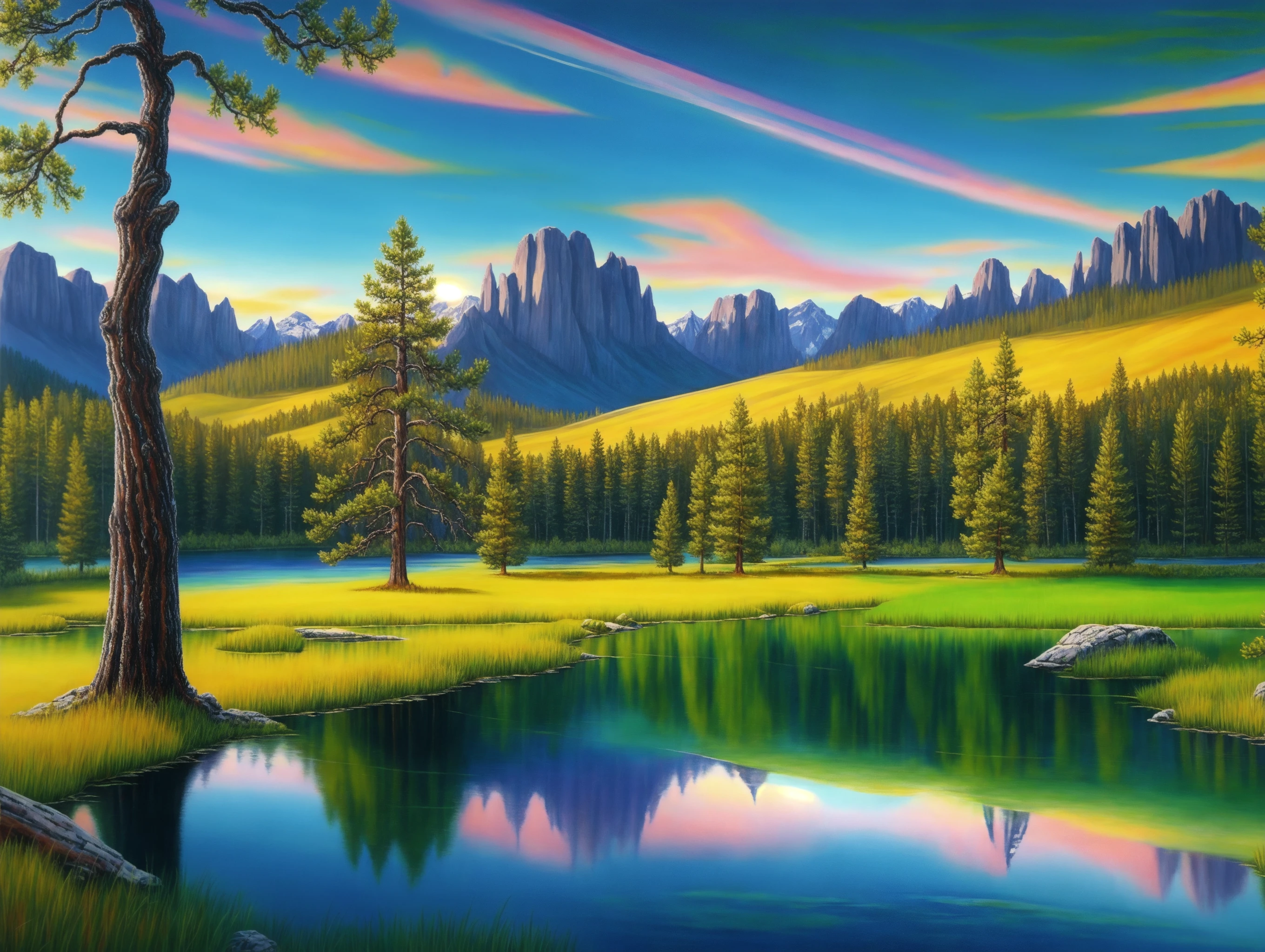 Beautiful trees on a green field, rocky