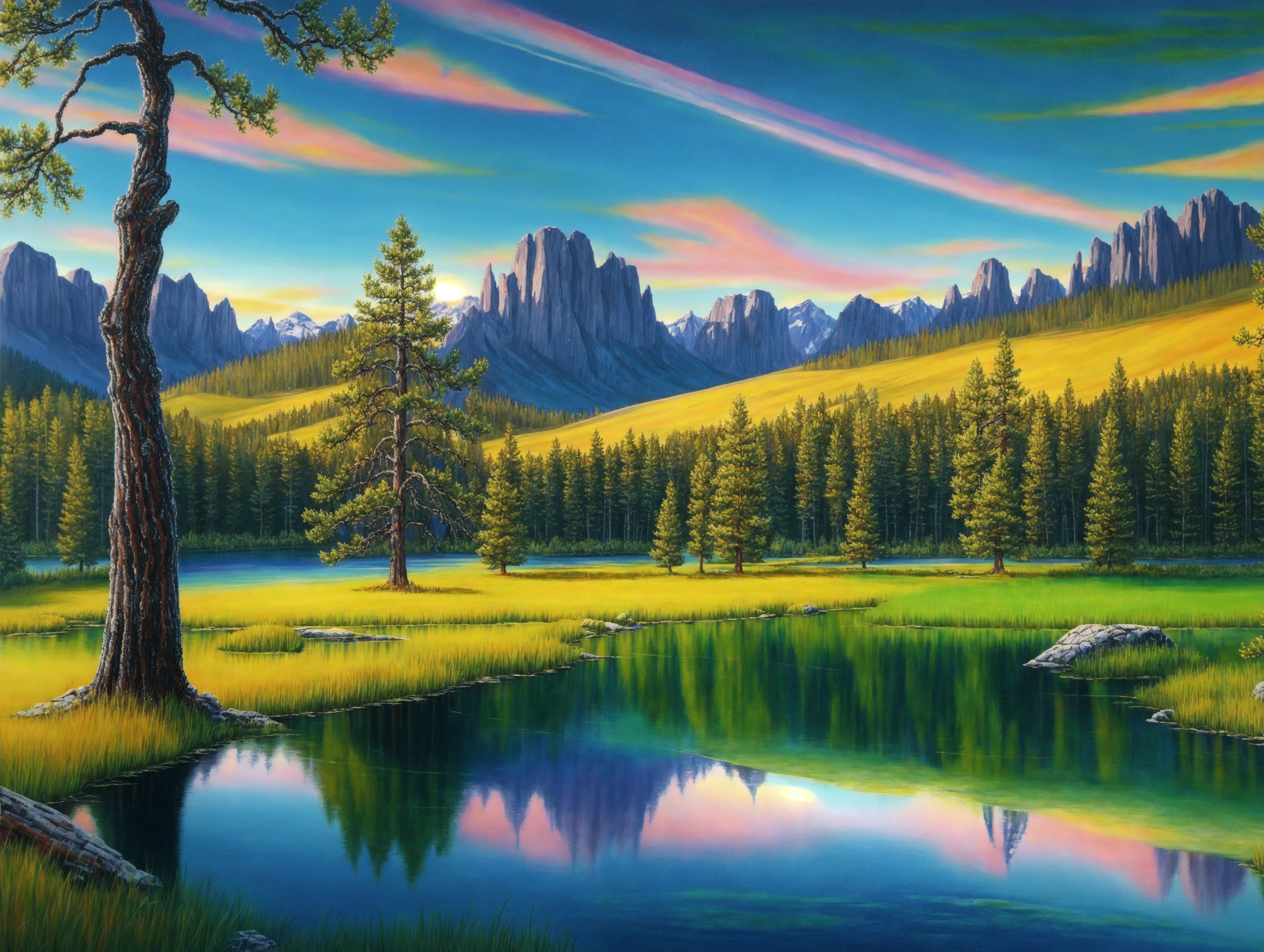 Beautiful trees on a green field, rocky