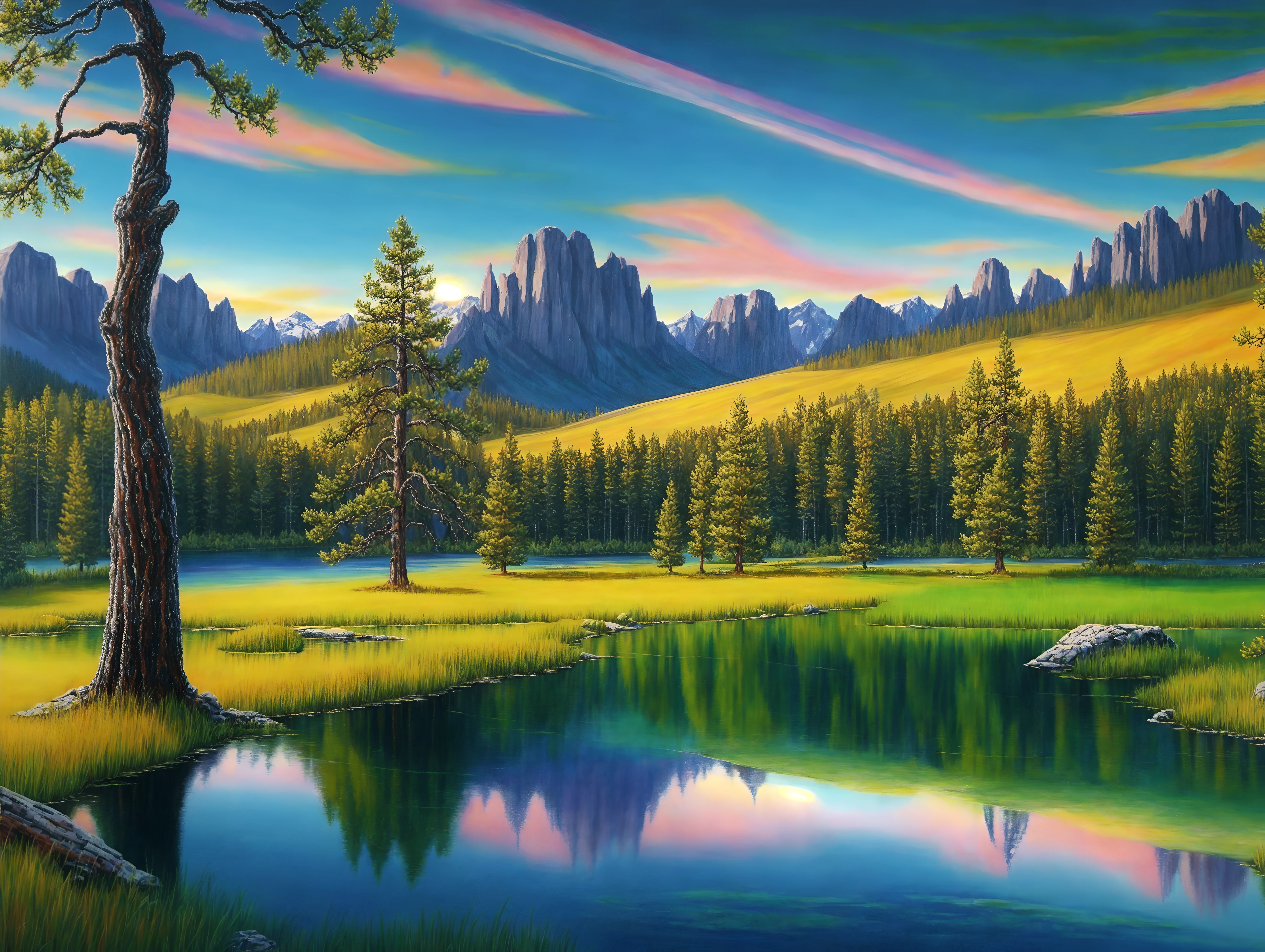 Beautiful trees on a green field, rocky