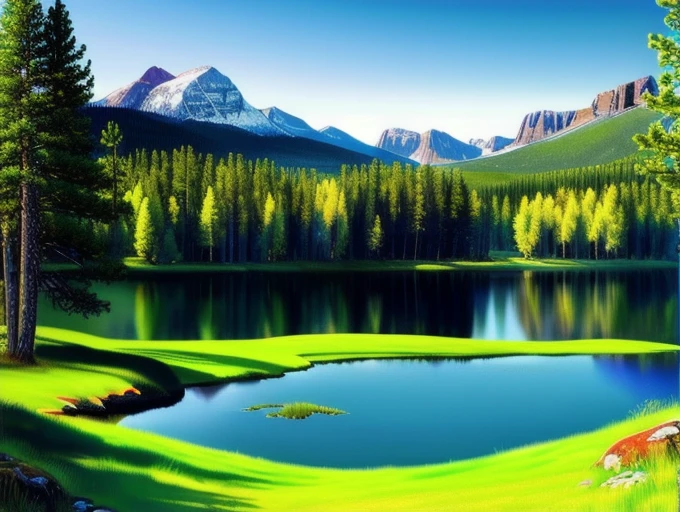 Beautiful trees on a green field, rocky