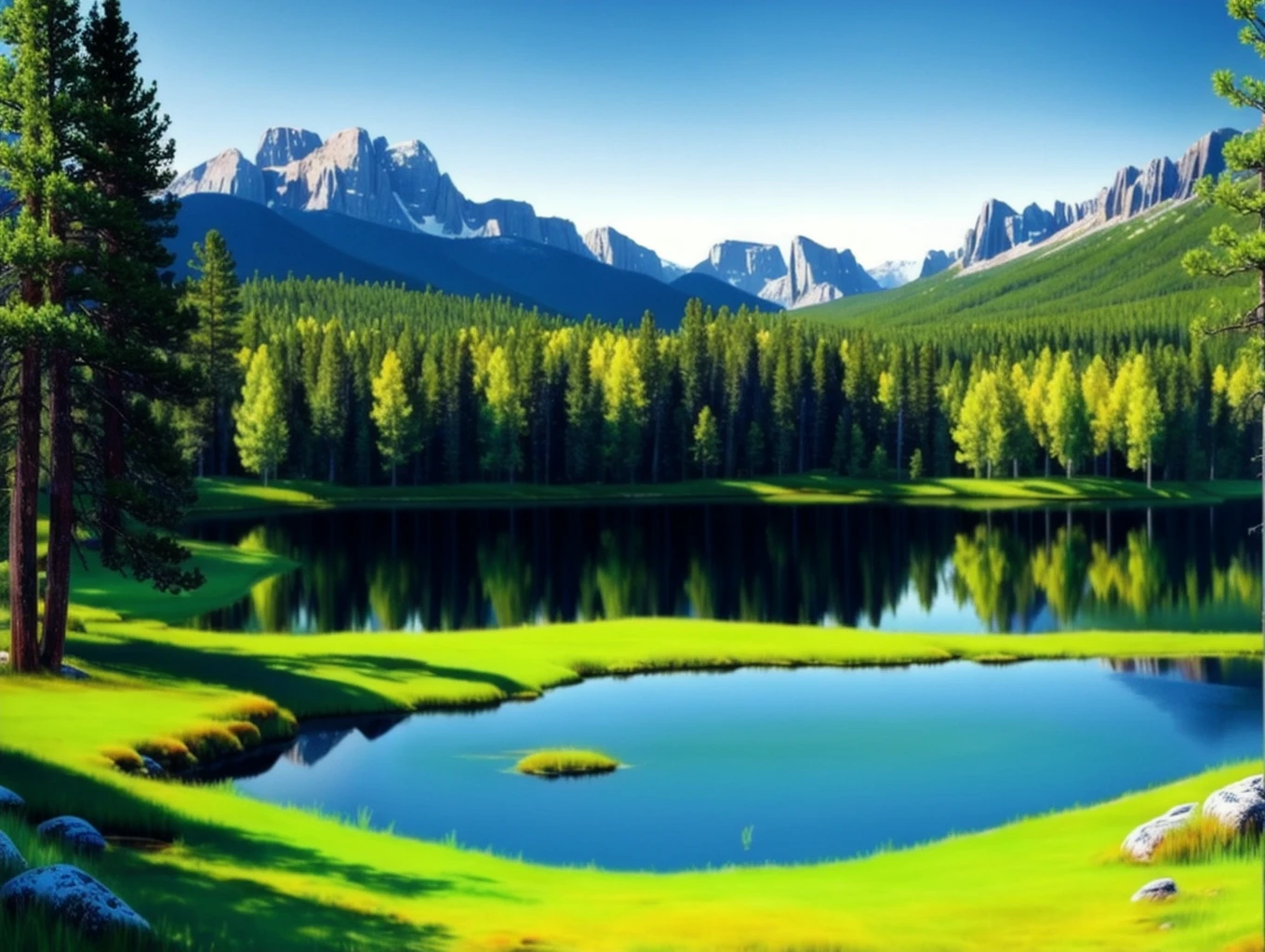 Beautiful trees on a green field, rocky