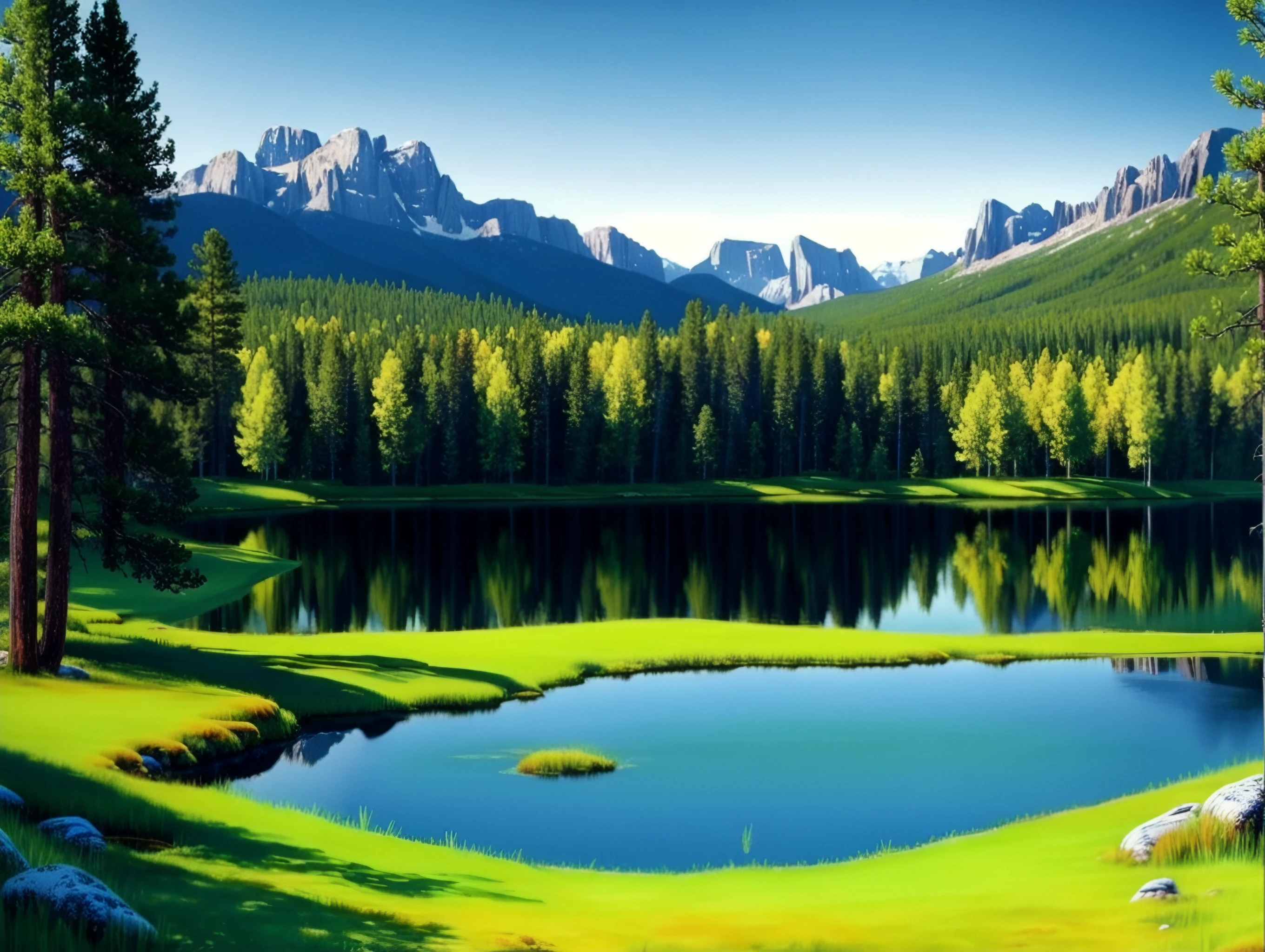 Beautiful trees on a green field, rocky