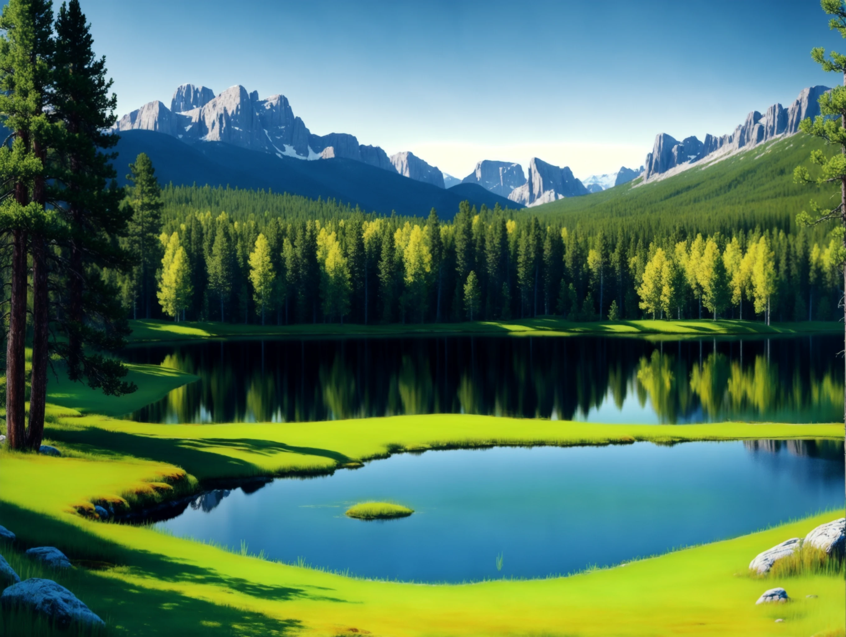 Beautiful trees on a green field, rocky