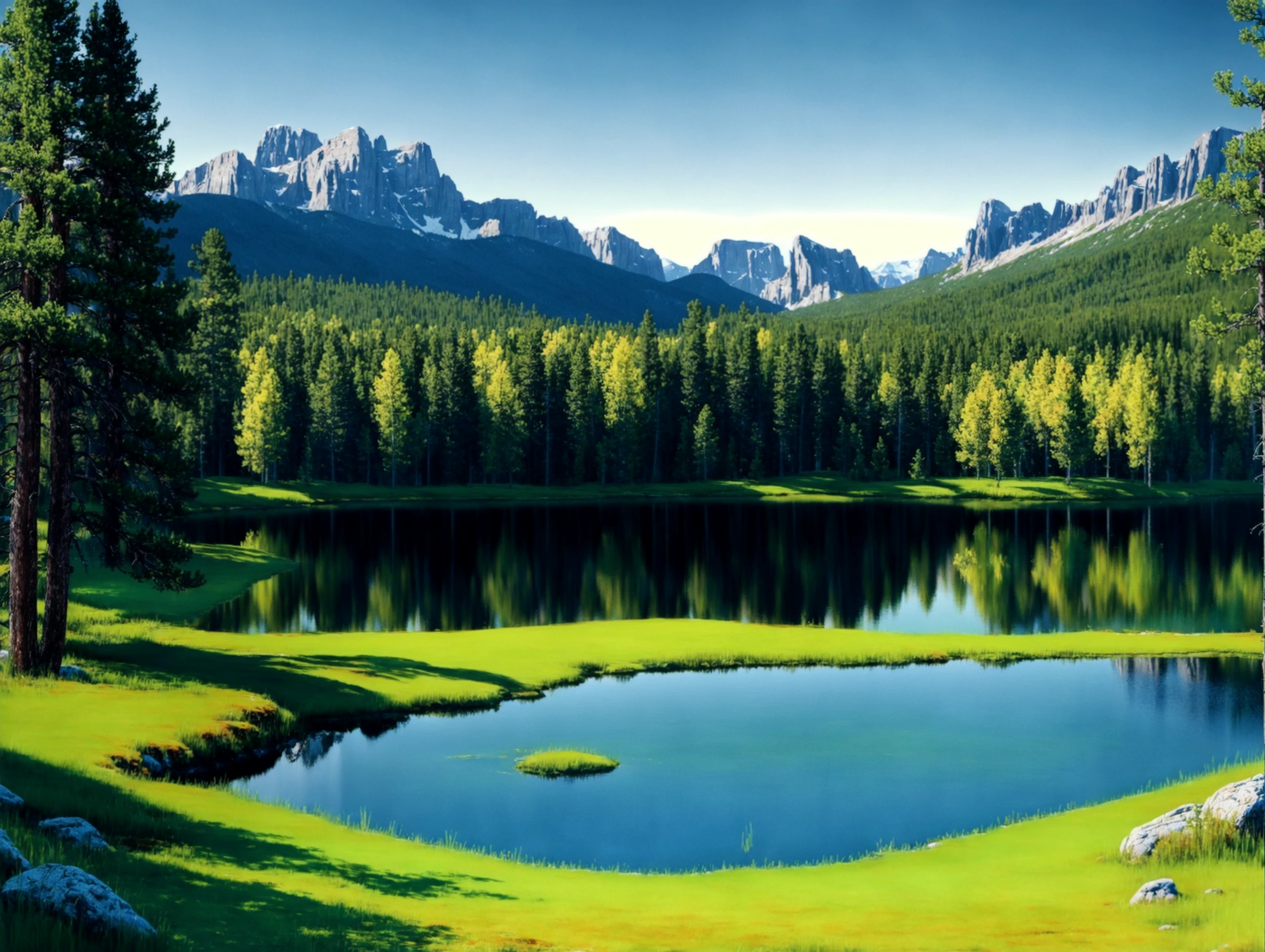 Beautiful trees on a green field, rocky