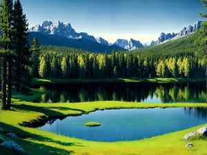 Beautiful trees on a green field, rocky