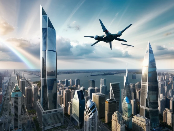 City, skyscrapers, aircraft flying, ufo,