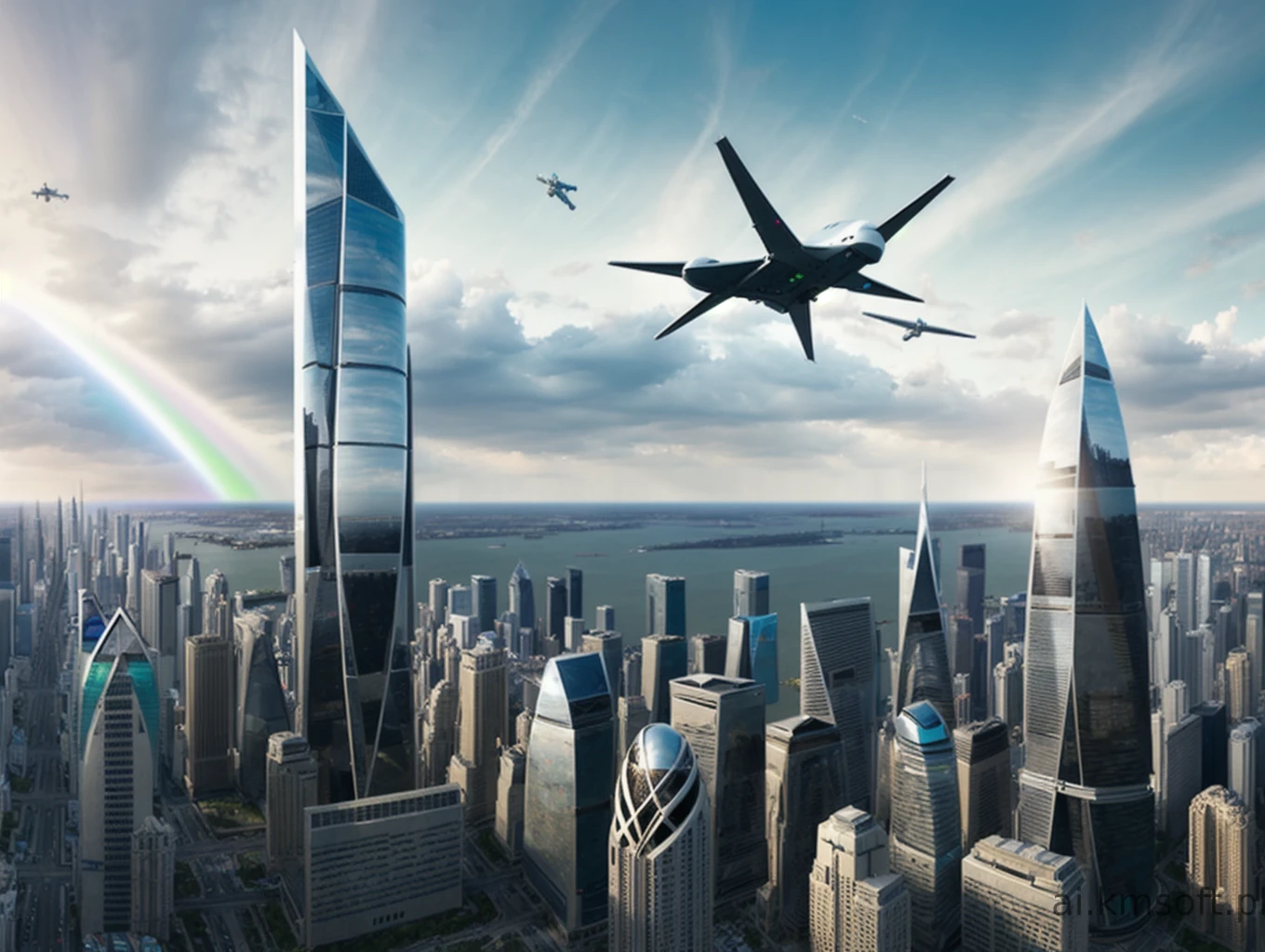 City, skyscrapers, aircraft flying, ufo,