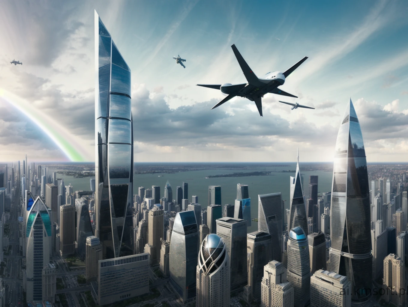 City, skyscrapers, aircraft flying, ufo,