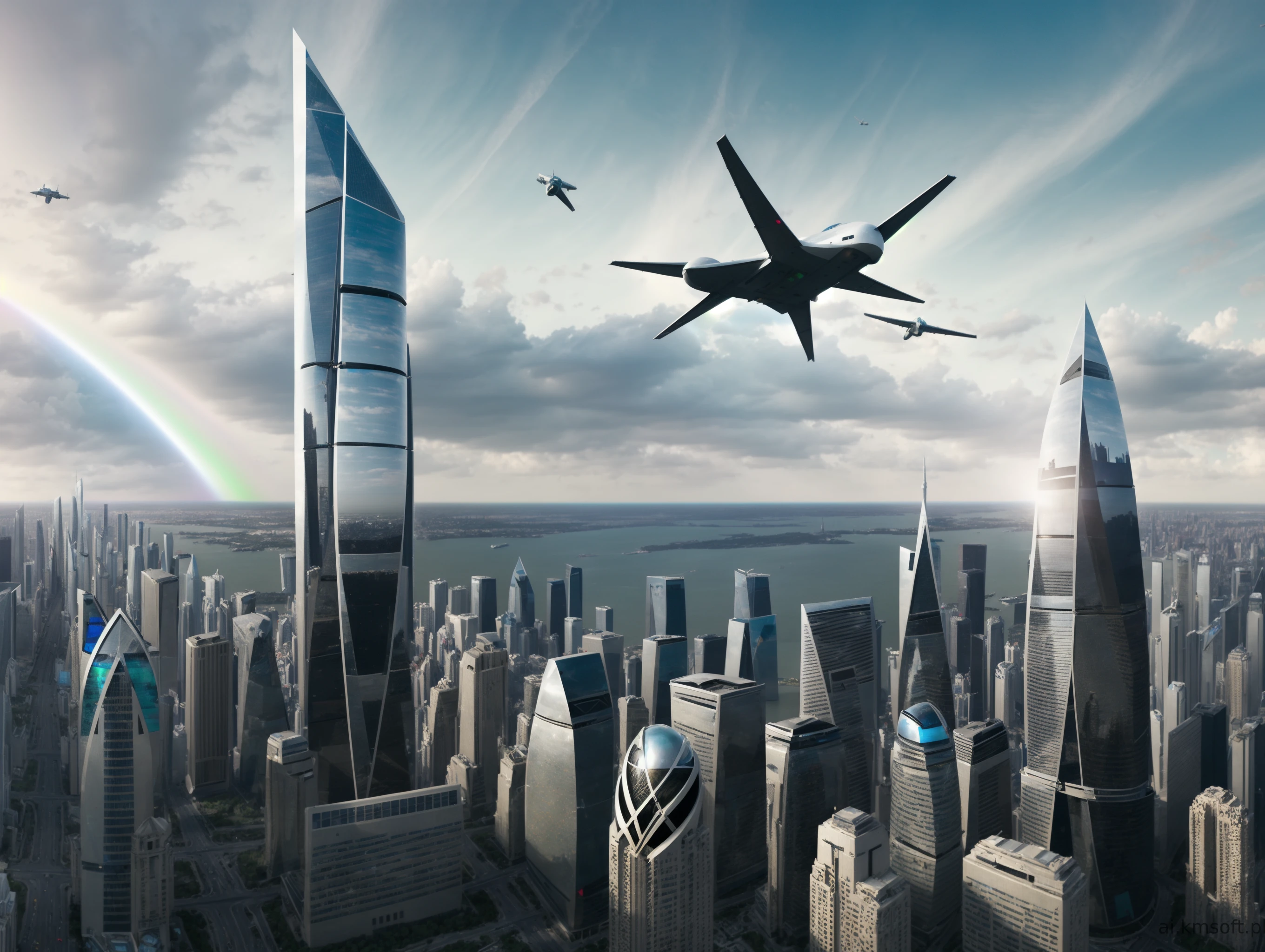 City, skyscrapers, aircraft flying, ufo,