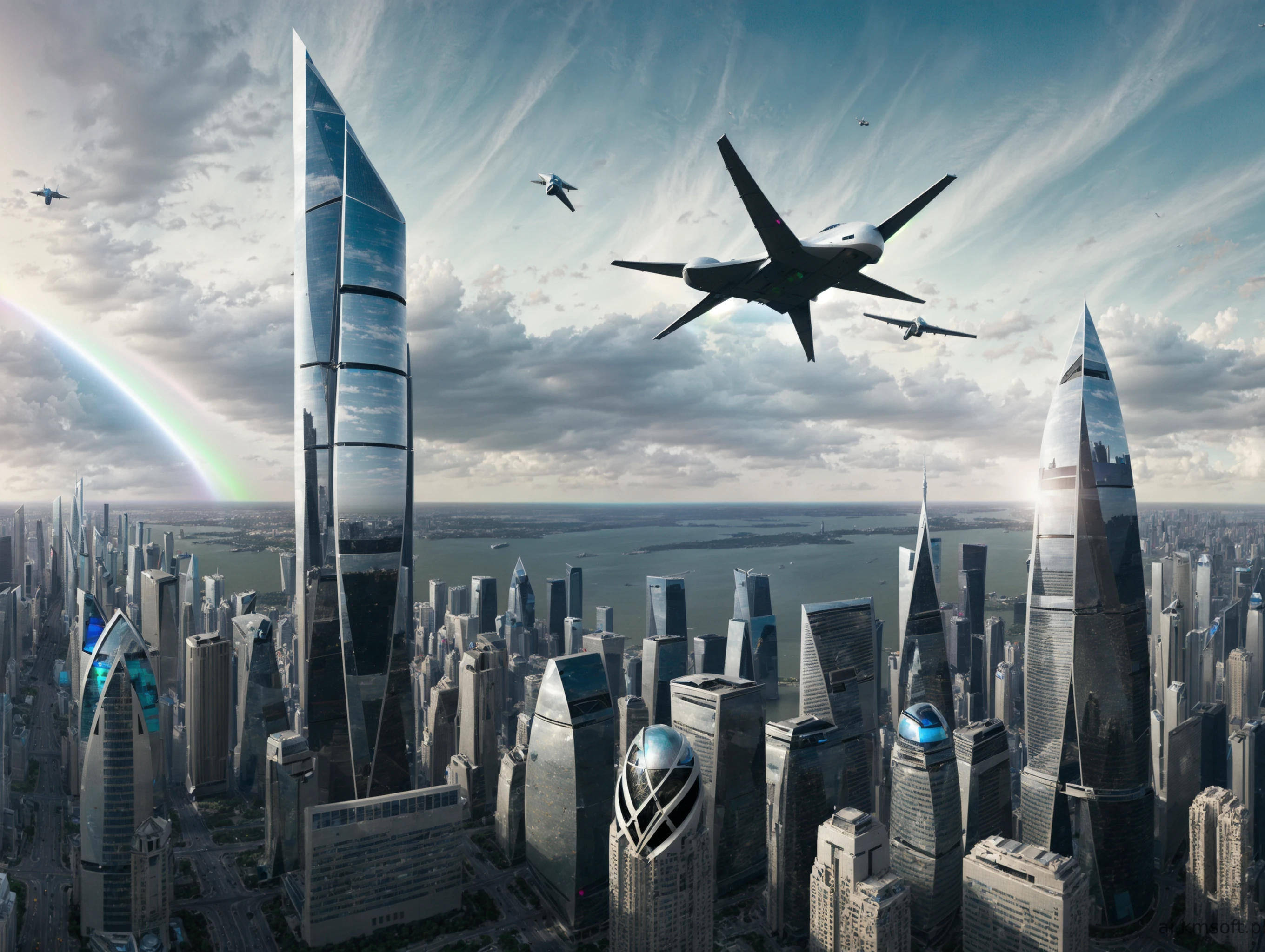 City, skyscrapers, aircraft flying, ufo,