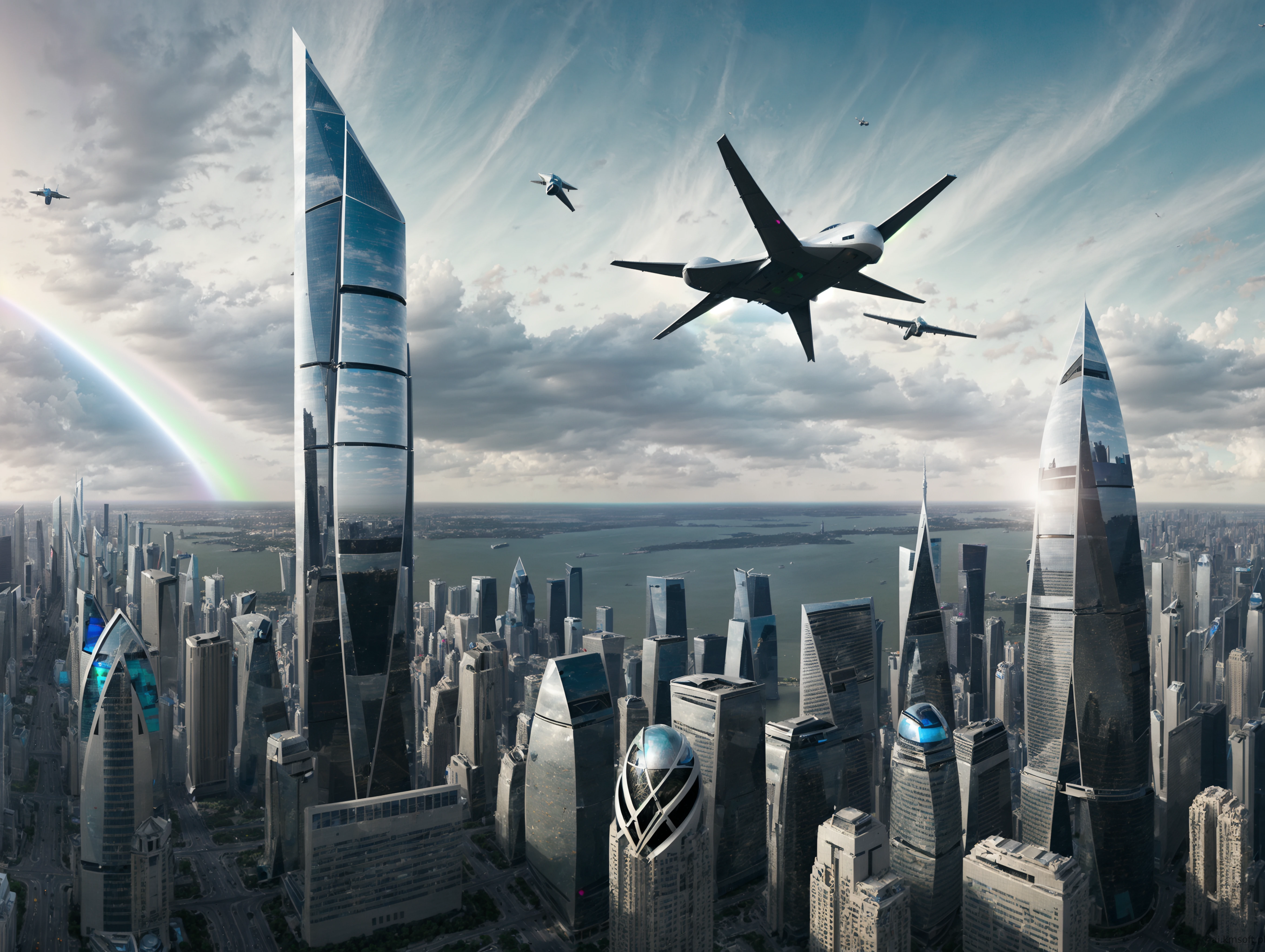 City, skyscrapers, aircraft flying, ufo,