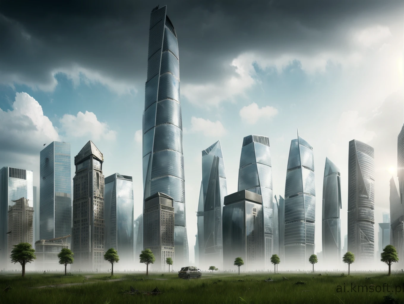 City, skyscrapers, postapocalyptic world, grass