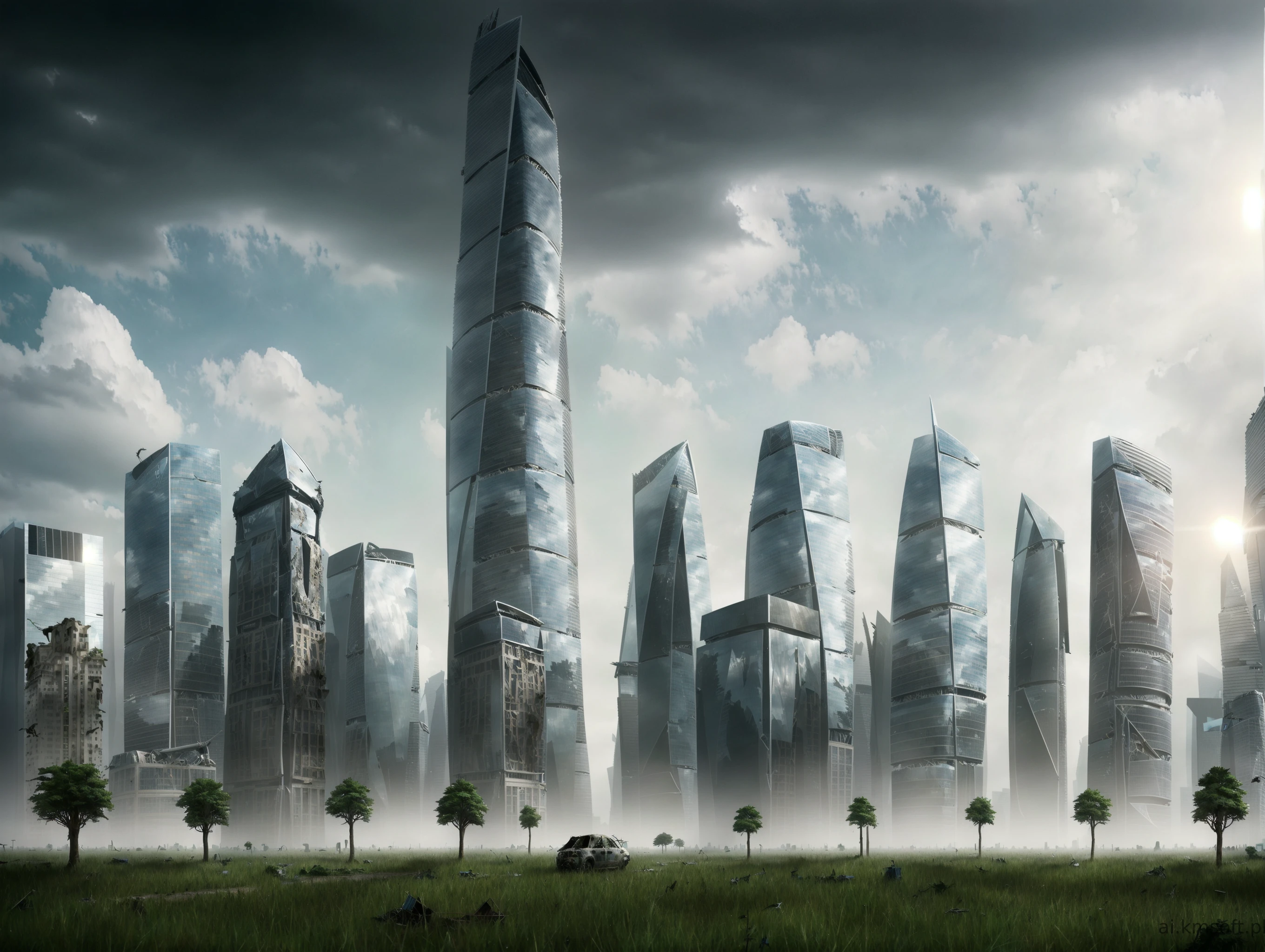 City, skyscrapers, postapocalyptic world, grass