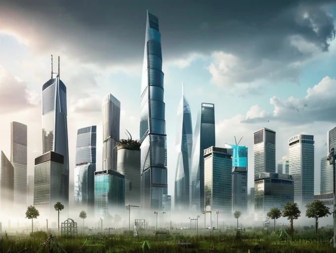 City, skyscrapers, postapocalyptic world, grass