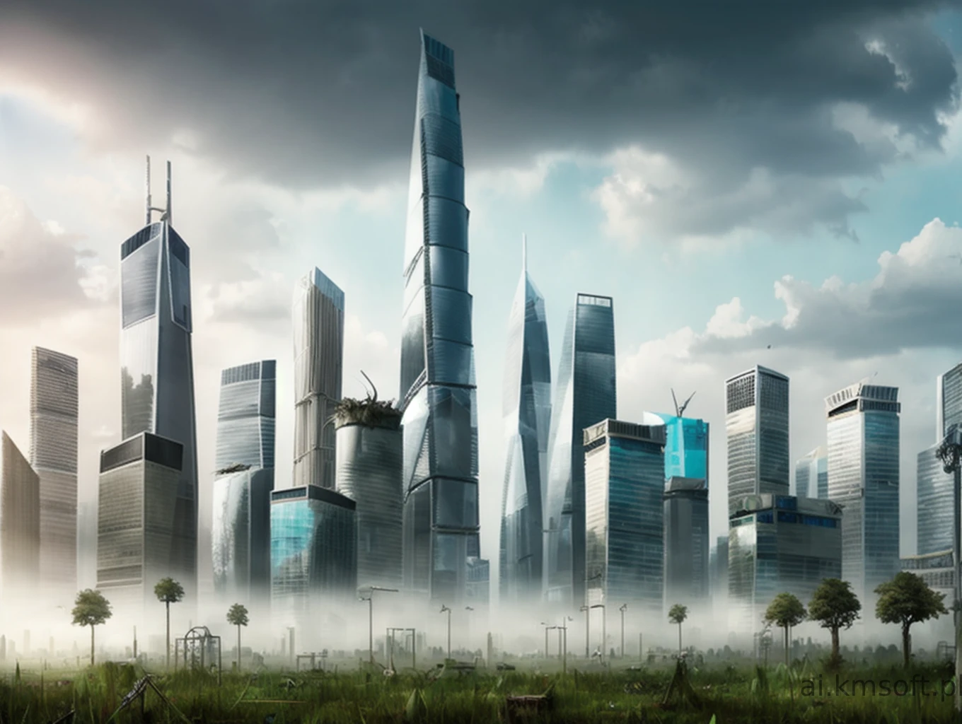 City, skyscrapers, postapocalyptic world, grass