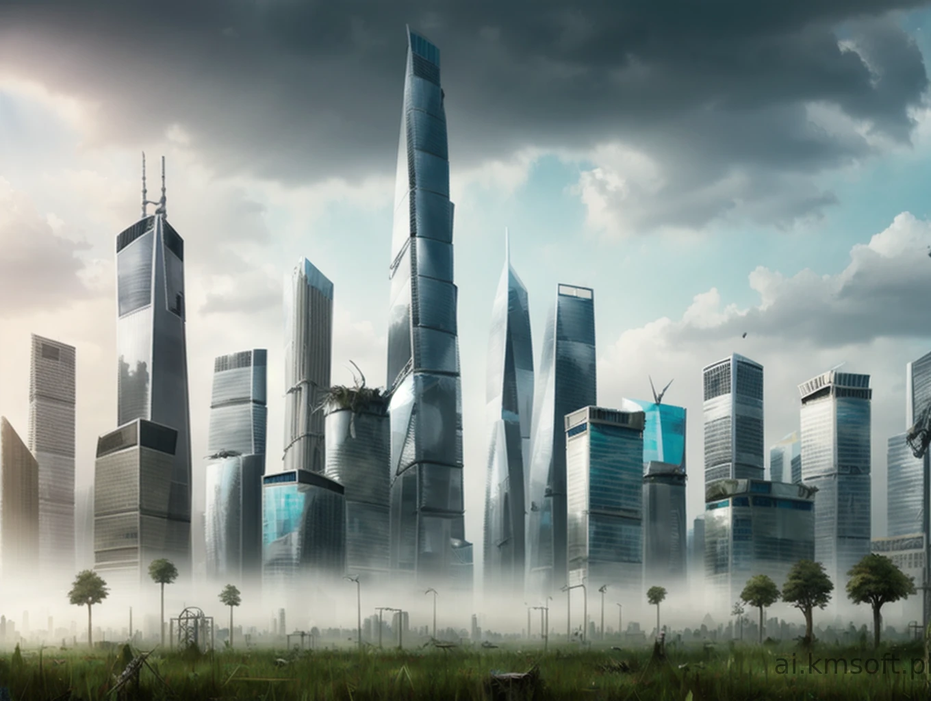 City, skyscrapers, postapocalyptic world, grass