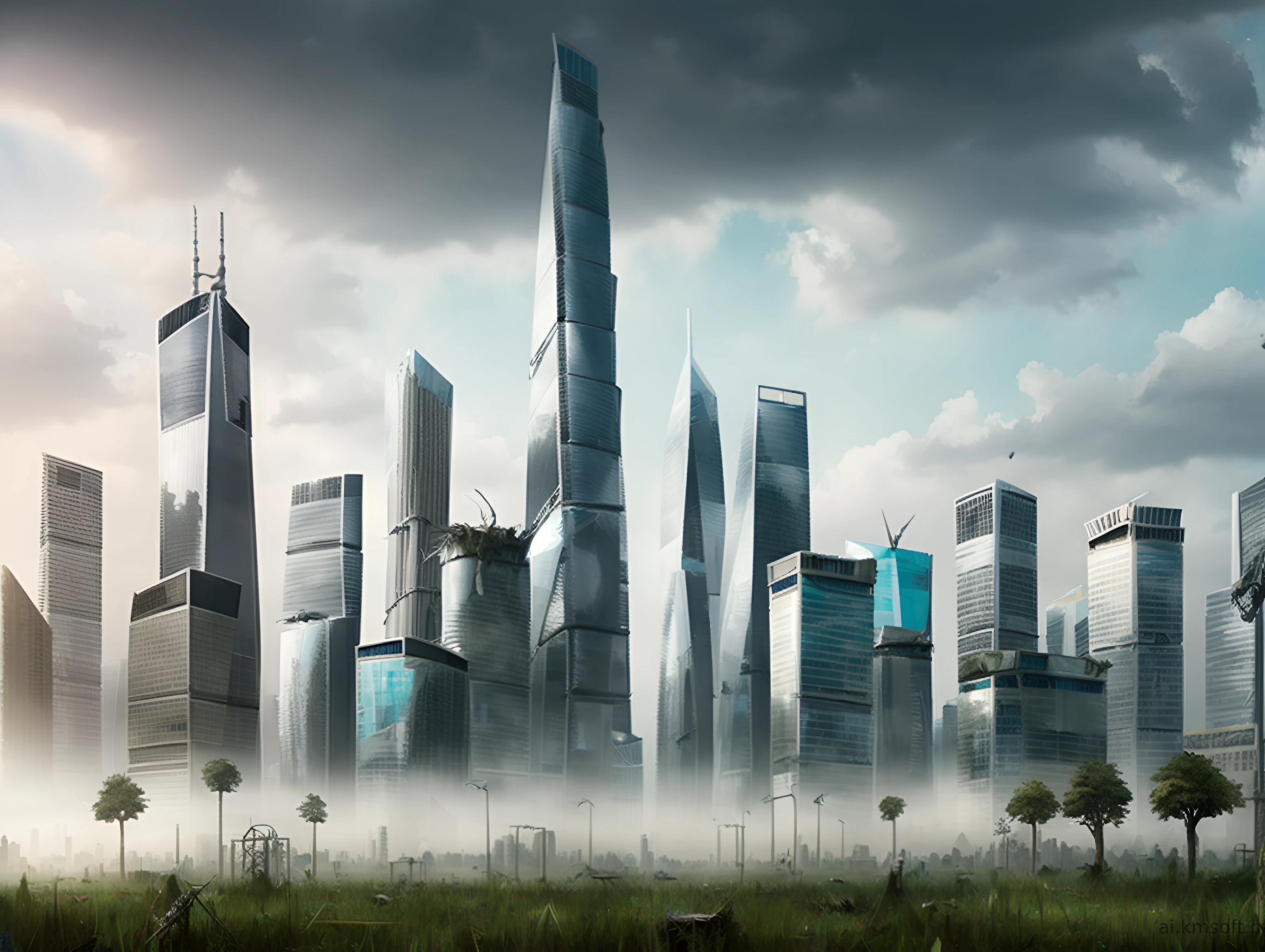 City, skyscrapers, postapocalyptic world, grass