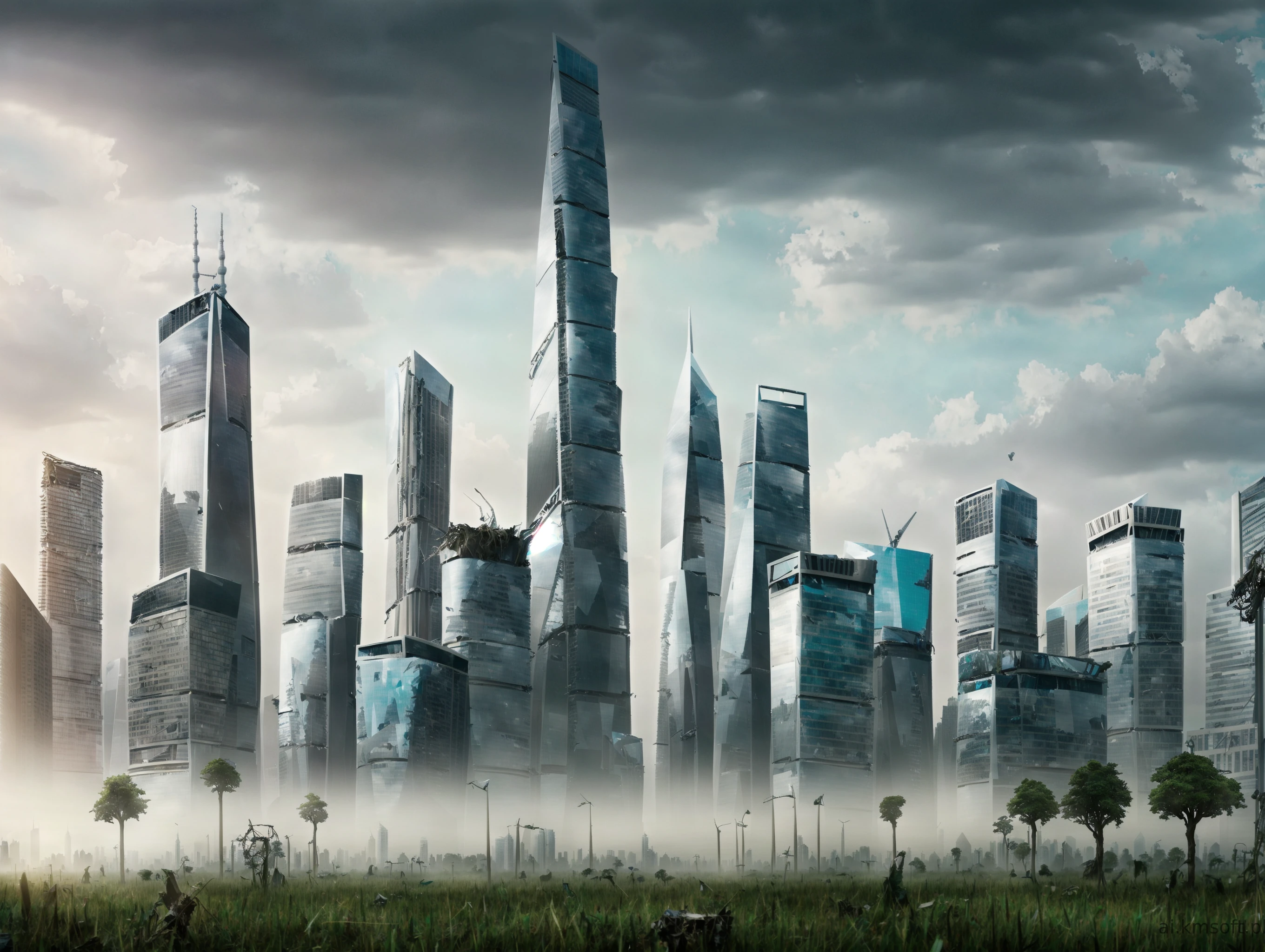 City, skyscrapers, postapocalyptic world, grass