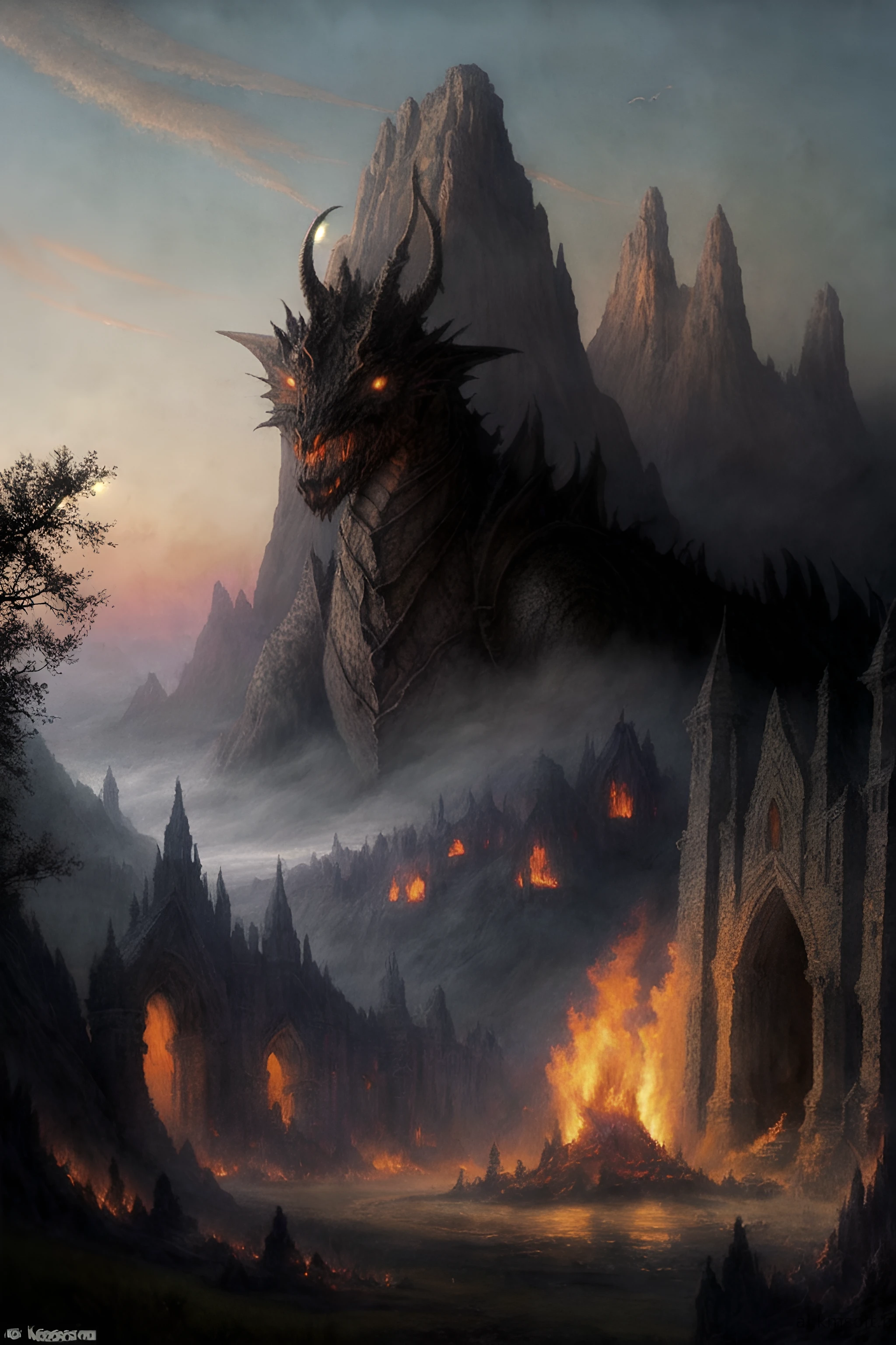 Dark fantasy art style, knight fighting a giant