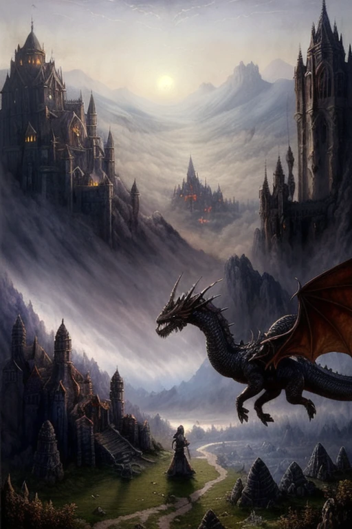 Dark fantasy art style, knight fighting a giant