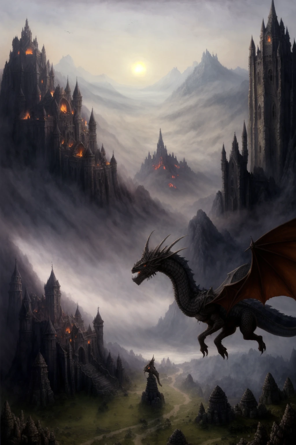 Dark fantasy art style, knight fighting a giant