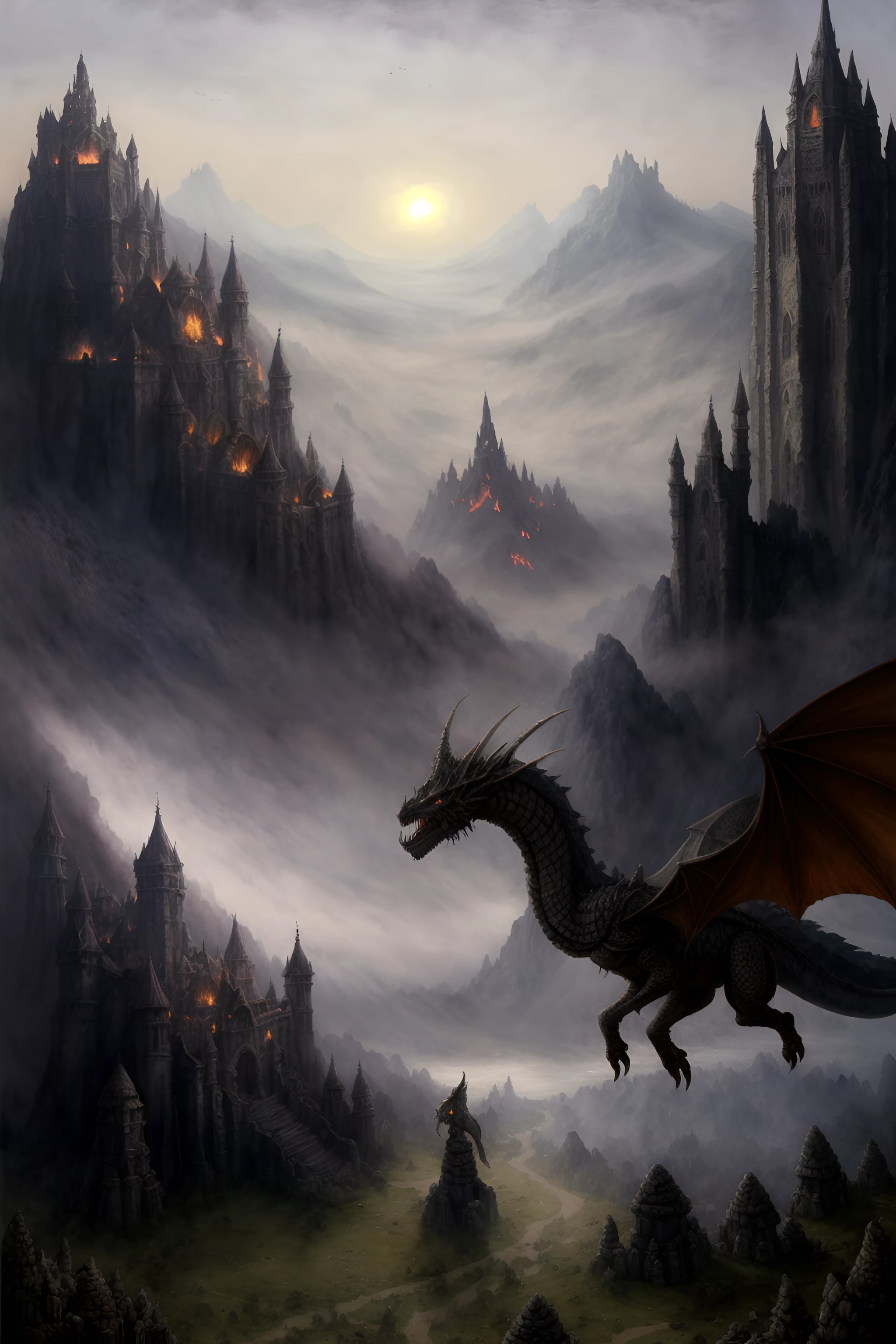 Dark fantasy art style, knight fighting a giant